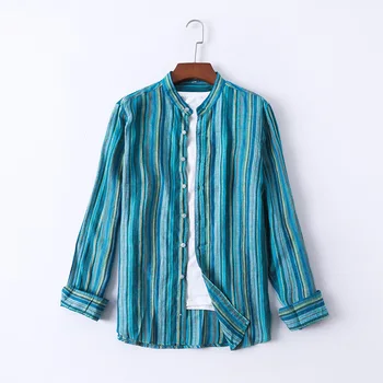 

Men Spring Autumn Fashion Japan Style Classical High Quality Linen Stripe Long Sleeve Stand Collar Male Business Casual Shirts