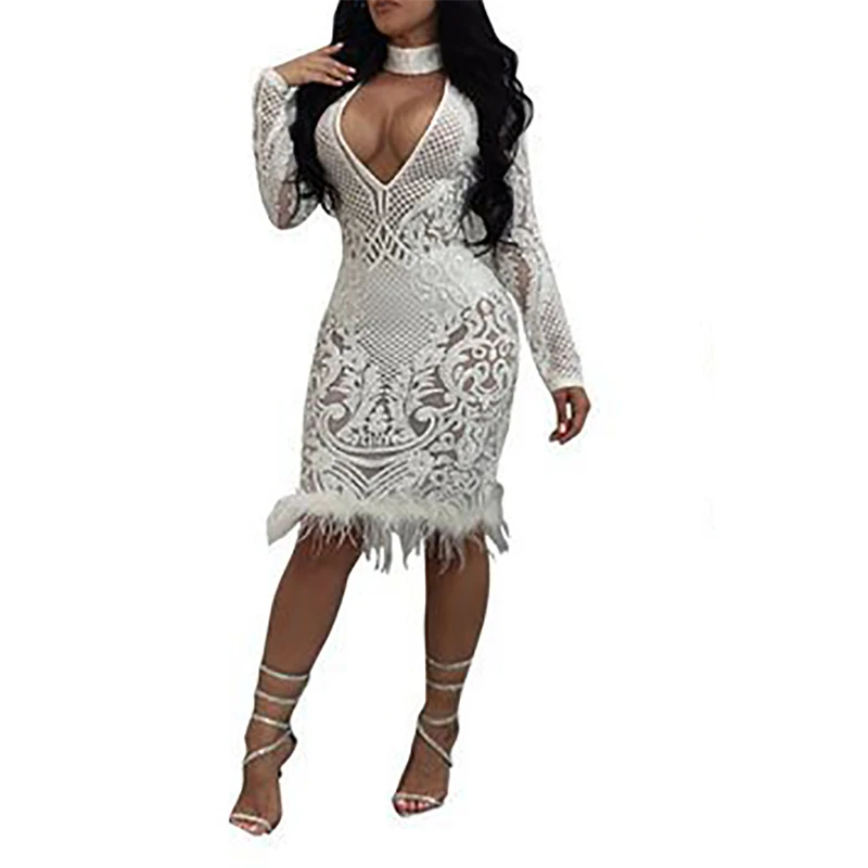 

Women Autumn Sexy Long Sleeve V-Neck Bandage Bodycon Dresses Ladies Spring Evening Party Club Dress Knee Length