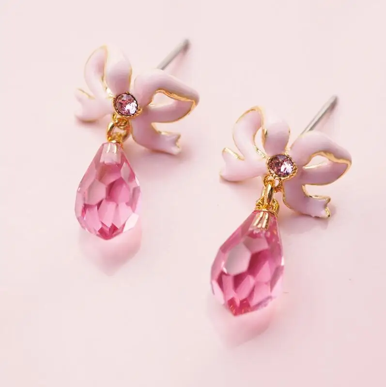 

Handmade Designer Autumn Winter Rococo Series Pink bow drop pendant earrings ear clip