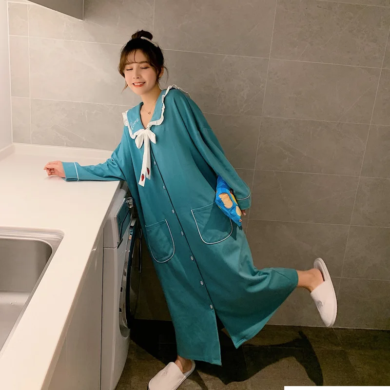 

Princess Style Nightgown Women's Spring And Autumn Pure Cotton Long Sleeve Korean-style Students Cardigan Pajamas Large Size Cut