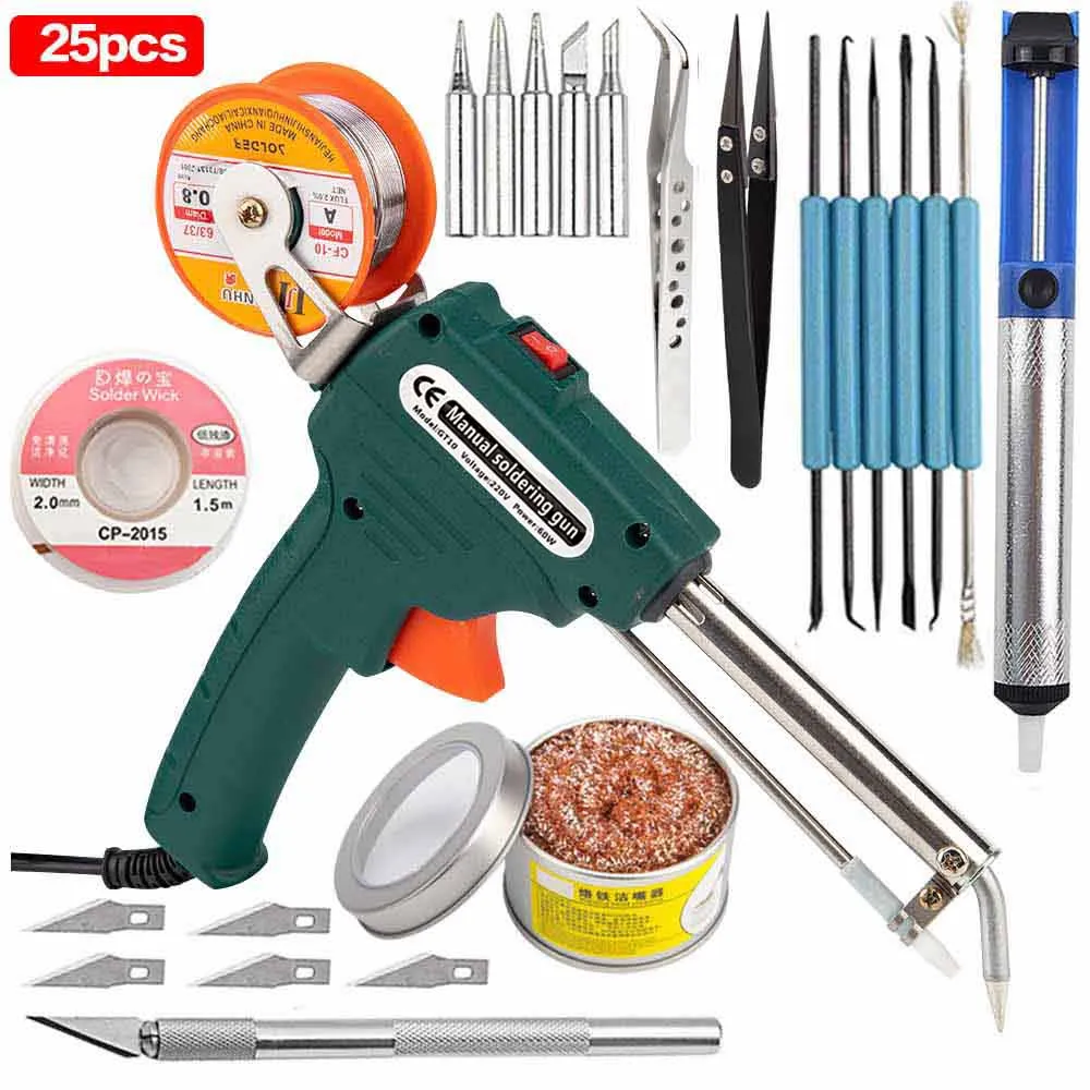60W 110V/220V Tin Electric Soldering Iron Kit Automatic Send Tin Gun Electric Solder Station Tip Sucker Wire Welding Tools - Цвет: 25pcs
