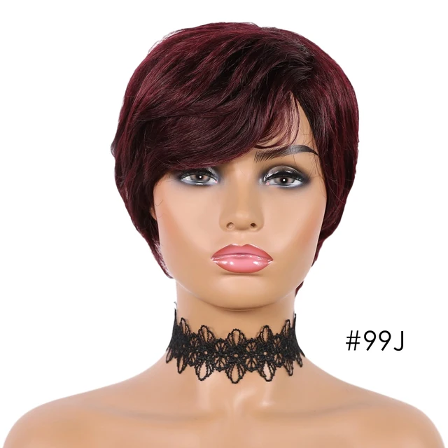 SSH Short Human Hair Wigs Pixie Cut Straight Remy Brazilian Hair for Black Women Machine Made Highlight Color Cheap Glueless Wig #99J