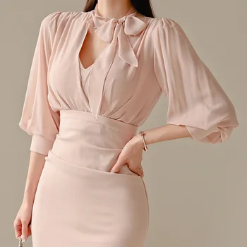 

2020 Autumn Simple Pink Office Lady Dress Women High Waist Chiffon Stitching Five-Point Sleeve Temperament Elegant Party Dress