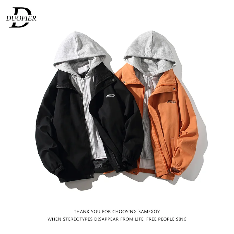 

Hooded Fake Two-piece Jacket Mens Spring Autumn Korean Trendy Hoodie Men's Jackets Solid Color Zipper Rib Sleeve Men Outerwear