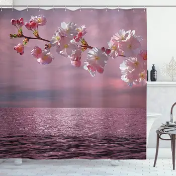 

Japanese Shower Curtain Floral Branch of Cherry Blossom on Abstract Pinkish Sea and Dramatic Sky Bathroom Decor Set