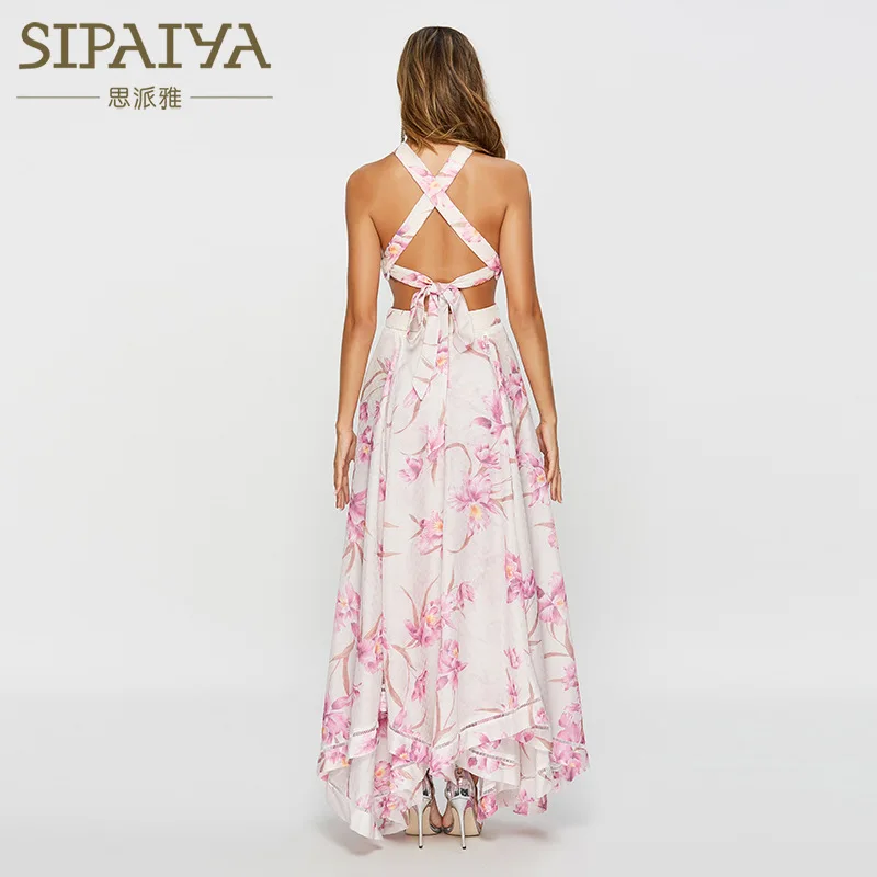 2019 Zomer Nieuwe Stijl Koreaanse Stijl Mouwloze Hoge Taille Halter Jurk Sexy Cross Lace-Up Gedrukt Grote rok Lange Rokken 2019 Zomer Nieuwe Stijl Koreaanse Stijl Mouwloze Hoge Taille Halter Jurk Sexy Cross Lace-Up Gedrukt Grote rok Lange Rokken