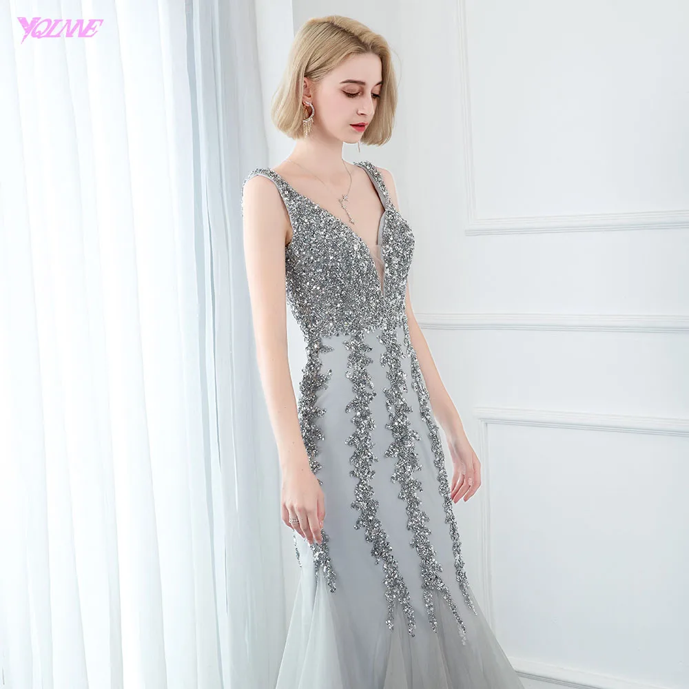 YQLNNE длинное вечернее платье русалки с глубоким v-образным вырезом и серебристыми кристаллами, с блестками, с открытой спиной, вечерние платья без рукавов