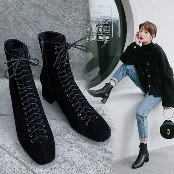

2020 New Fashion Woman Ankle Boots High Quality Genuine Leather Handmade Autumn Winter Boots Cross-Tied High Heels Boots Woman