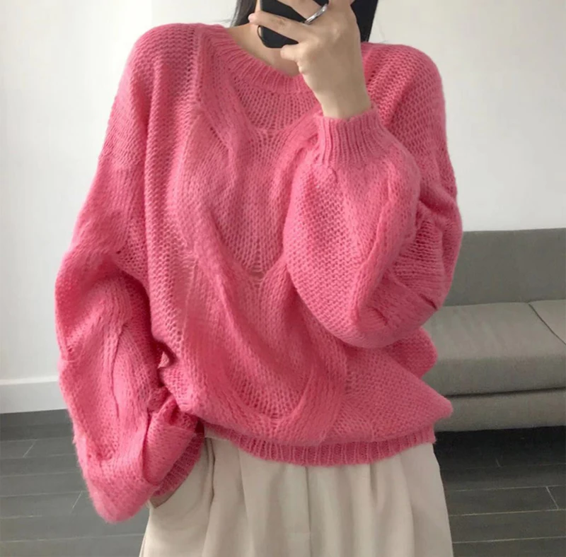 

Lantern Sleeve Twist Loose Sweater Women Pullover c.h.i.c Korean Style Lazy Oaf Pink White Tricot Feminino Autumn Blue Clothes