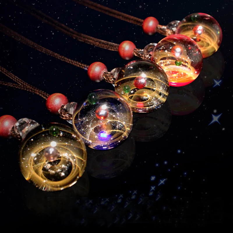 Solar System Design Necklace Universe Galaxy Nebula Space Cosmos Rope Chain Glass Bead Planets Pendant Necklace for lover Gift