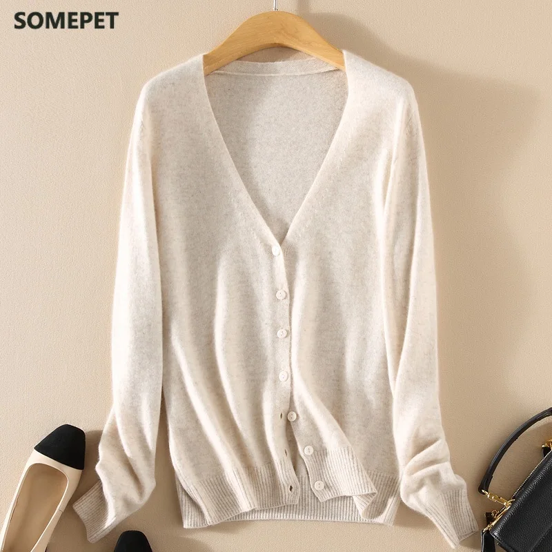 

Spring and Autumn Knit Cardigan Women's Short Coat Cardigan V-neck Solid Color Large Size Sweater