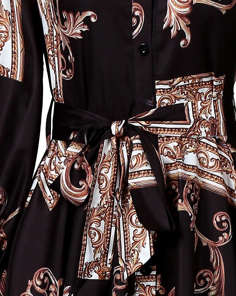 Осеннее барокко женское платье с отложным воротником Бохо цепочка с цветками печати мешковатое неправильное платье модное тонкое платье с длинным рукавом