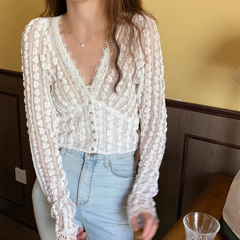

Женский кружевной однобортный Кардиган, жаккардовые рубашки, женские топы, элегантная повседневная универсальная офисная Дамская блузка