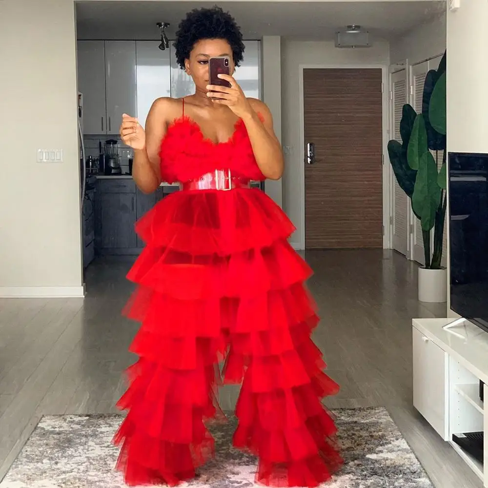 

Red Puffy Tulle Pants Tiered Tutu Long Trousers Women Extra Lush Mesh High Elastic Waist Ladies Party Gown Plus Size