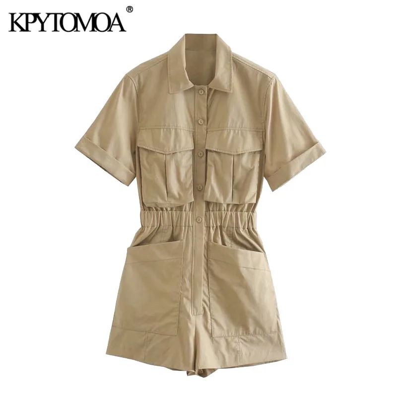 KPYTOMOA Women 2020 Chic Fashion With Pockets Button-up Playsuits Vintage Short Sleeve Elastic Waist Female Jumpsuits Mujer KPYTOMOA Women 2020 Chic Fashion With Pockets Button-up Playsuits Vintage Short Sleeve Elastic Waist Female Jumpsuits Mujer