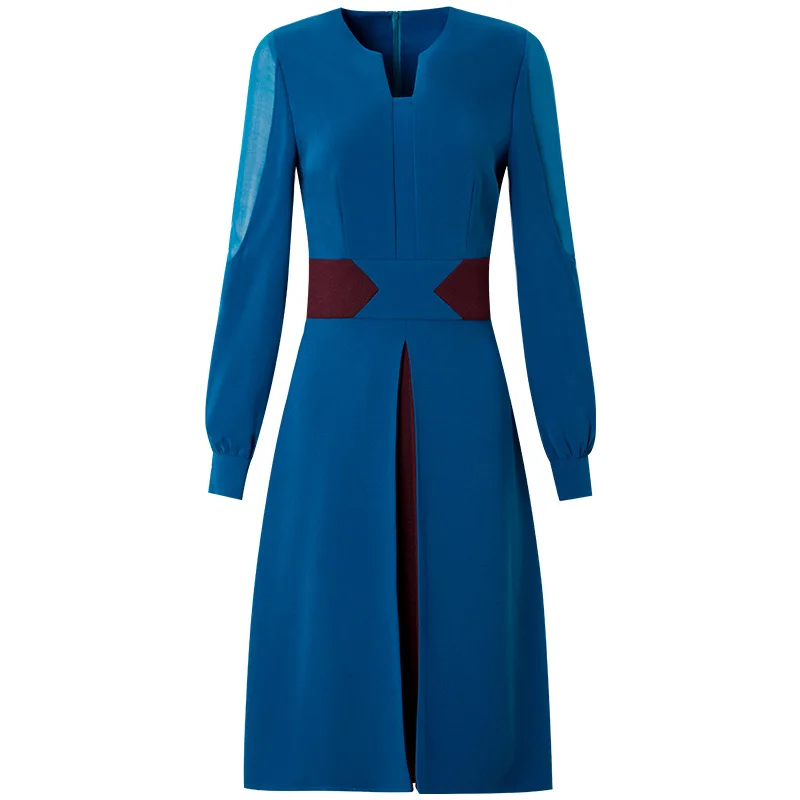 Весеннее платье трапециевидной формы с длинными рукавами, новинка, высшее качество, женские вечерние платья знаменитостей, зимние винтажные рабочие платья-рубашки - Color: Blue