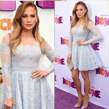 Платье для выпускного вечера Vestidos De Renda Быстрая элегантный сексуальный светильник небесно-голубое кружевное платье трапециевидной формы с длинными рукавами для девочек