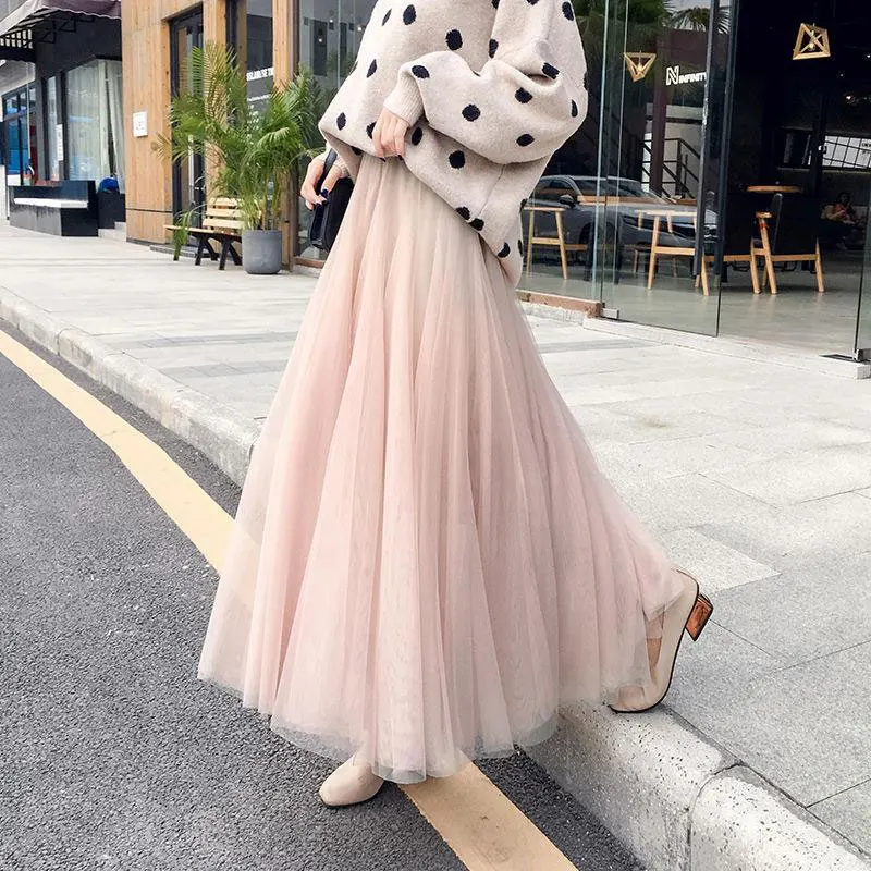 Корейская мода весна лето женская юбка универсальная Повседневная трапециевидная Студенческая длинная юбка Милая бархатная газовая макси юбка D179