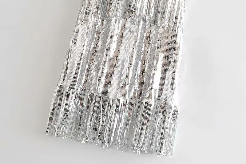 sexy silver sequined party dress women sleeveless backless tassel dress elegant ladies vestido