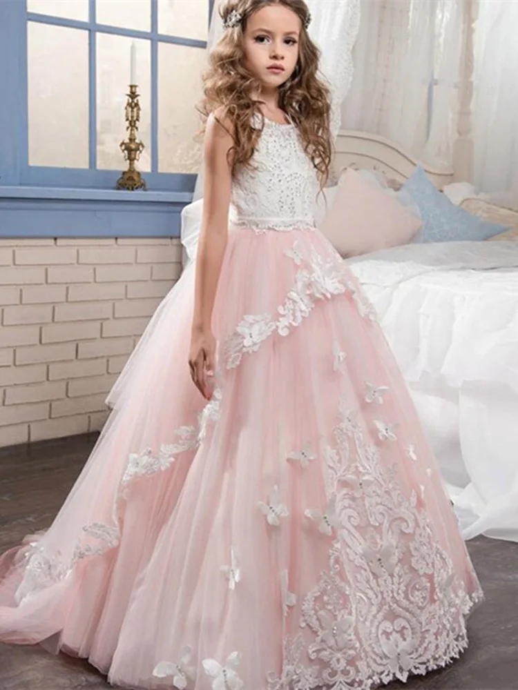 

White Lace First Communion Dress For Girls with Red Bow Tulle Long Sleeve Flower Girl Dresses Pageant Gown Custom Made