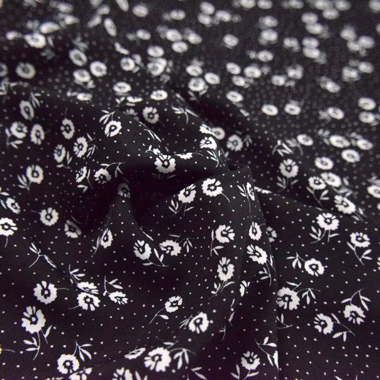Korean Silk Chiffon Fabric Black Bottom White Daisy Little Floral Dress Pants Shirt Women's Handmade DIY | Дом и сад