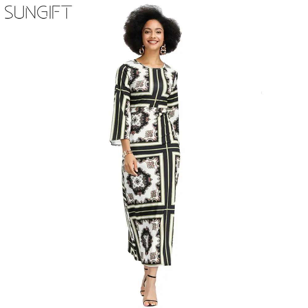 SUNGIFT африканская Дашики женское платье Элегантное белое с круглым вырезом цифровой принт и подол длинное платье для женщин осенняя одежда в африканском стиле