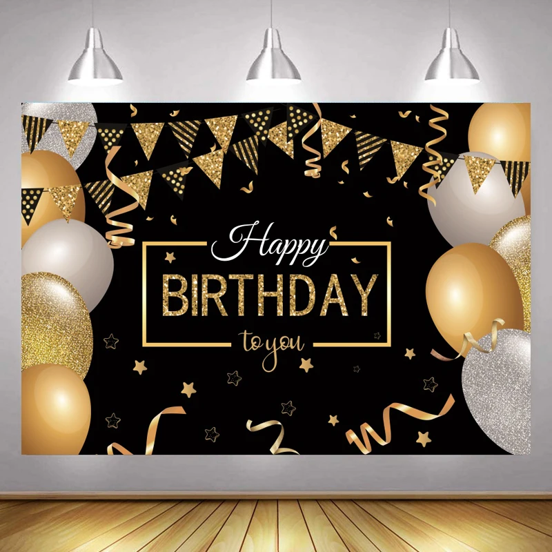 SZZWY 7x7ft Happy Birthday Backdrop for Women Glitter Stars Black and Golden Balloons Ribbon Birthday Party Background for Photography Girls Adults Portrait Vinyl Wallpaper