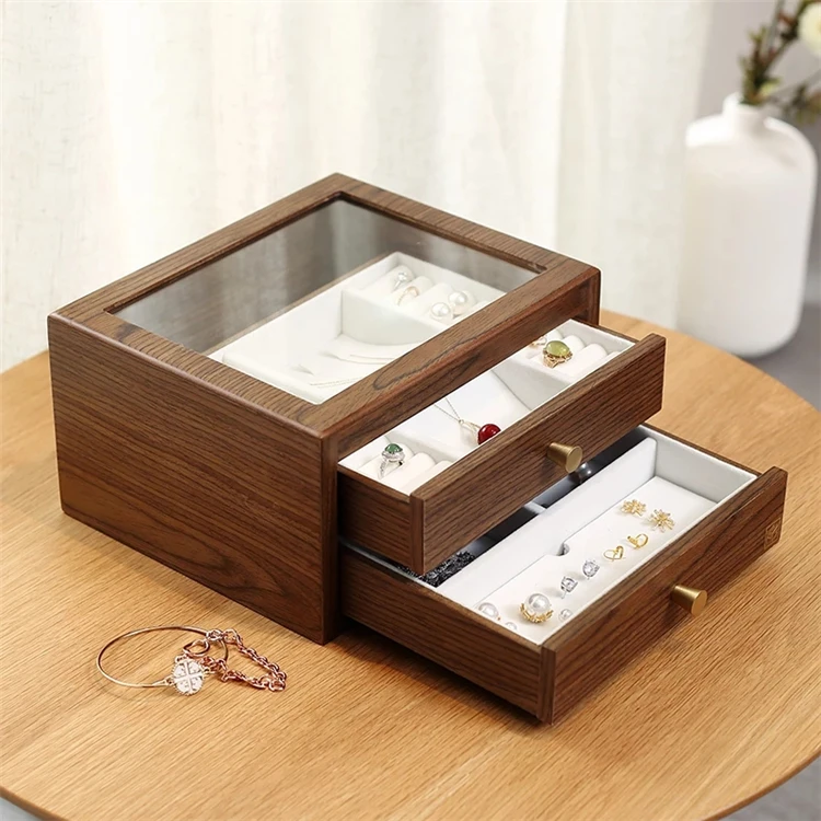 Large Glass Display Wooden Jewelry Box Organizer with Drawer Double Layer  Earring Ring Necklace Jewellery Storage Case Casket - купить по выгодной  цене | AliExpress