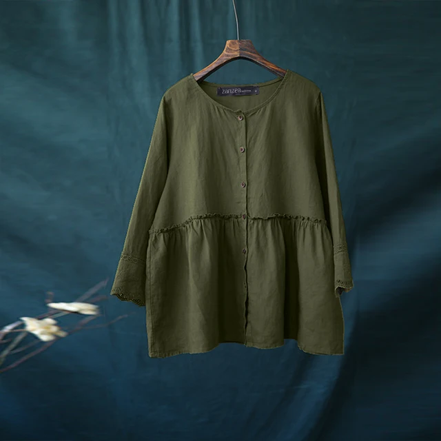 ZANZEA Solid Cotton Linen Blusas Women's Blouse Summer 3/4 Sleeve Lace Crochet Shirt Elegant Buttons Down Tops Ruffles Chemise green