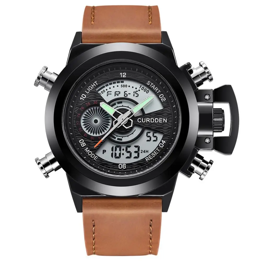 CURDDEN Watch Men Relogio Masculino Dual Display Leather Strap Steel Sports Quartz Wristwatch Life Waterproof Horloge Heren 40