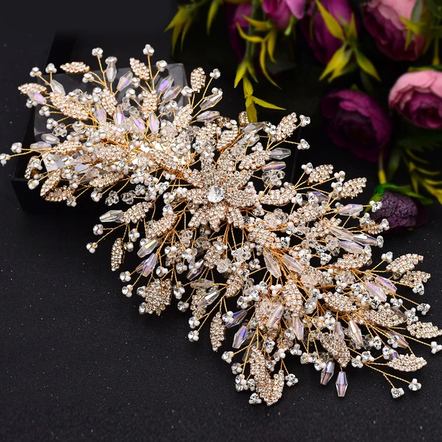 Silver Gold Flower Bride Headwear Women Headband Wedding Hair Jewelry Rhinestone Bridal Hair Ornament Bridal Hair Clip for Bride H377-G