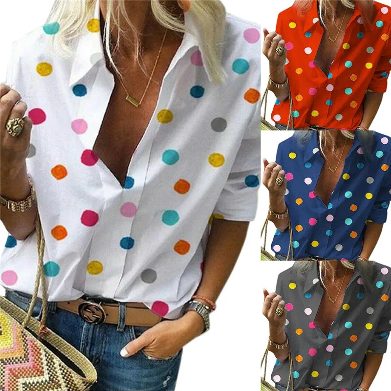 

YELITE Women Tops Blouses 2019 Autumn Elegant Polka Dot Print Long Sleeve V-Neck Blouse Female Work Wear Shirts Blouse Plus Size