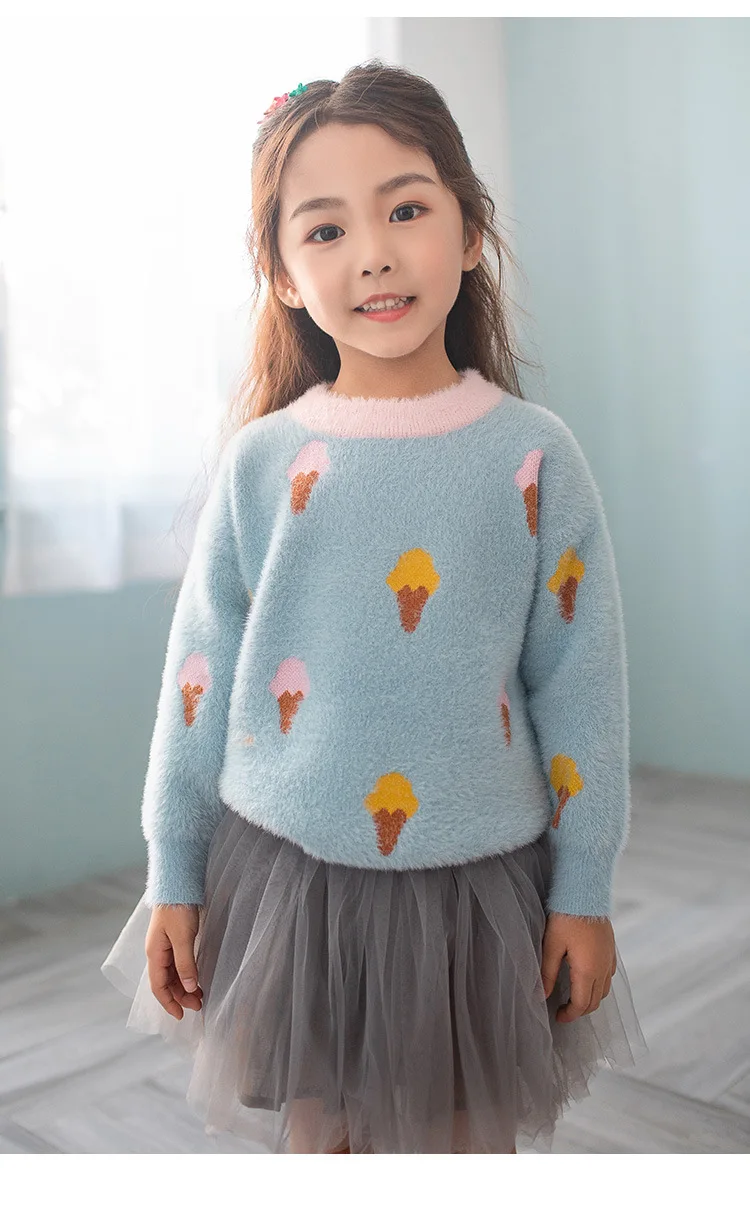 Children's sweater baby girl winter warm girl knitted thick clothes round neck pullover wool sweater imitation water velvet
