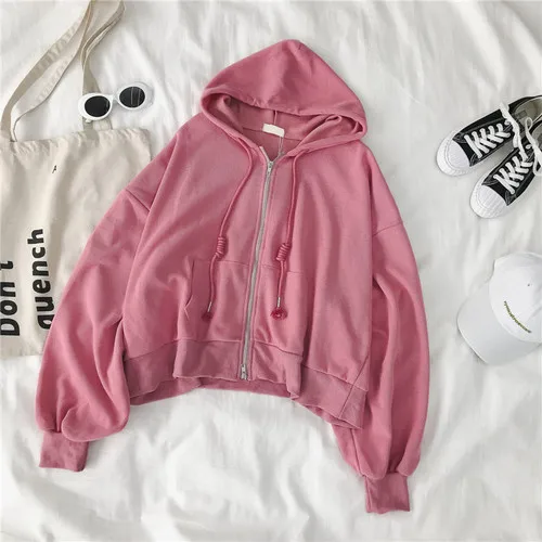 pink Весенне-осенние корейские толстовки Harajuku на молнии женские шикарные свободные одноцветные рукава летучая мышь с капюшоном на молнии женские повседневные топы Bf - Цвет: pink