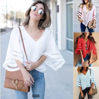 

Summer Casual Knit V-neck Stitching T-shirt Trumpet Sleeves 2020 New Ladies Large Loose T-shirts Solid Women's Clothing T shirts