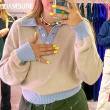 

IAMSURE Preppy Style Contrast Color Sweaters Sweet Cute Loose Turn-Down Collar Long Sleeve Knitted Pullovers Women 2021 Autumn
