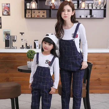 

2PCW WLG family matching clothes white t shirt and plaid blue overall clothing set mommy and daughter matching clothes
