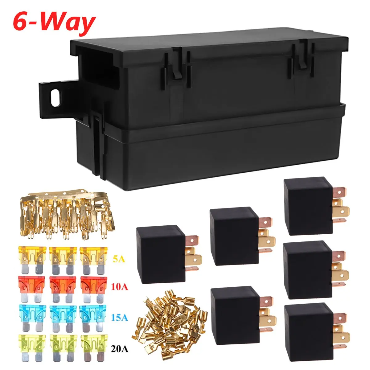 12V 80A Auto Car Part 6 way 6 Relays w/ Relay Box 12 Blade Fuses