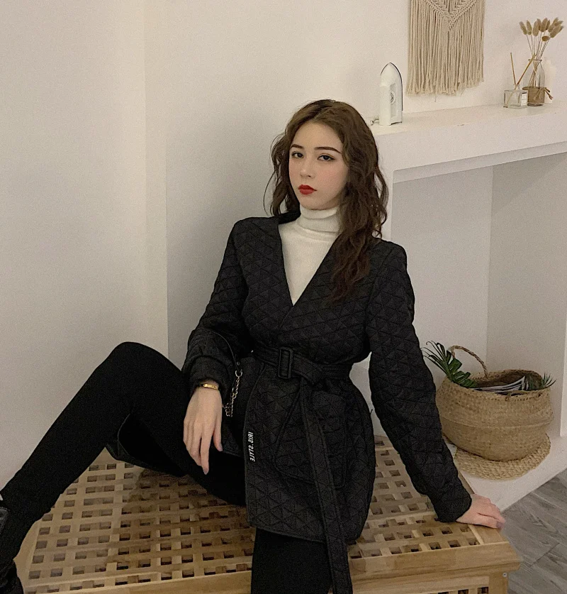 YAMDI Ретро давление тонкий свободный тонкий хлопок-ватник одежда Стильный v-образный Вырез Пояс пальто для женщин Весна Осень Зима куртка пальто s