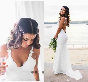 

Beach Vestido De Noiva Muslim Wedding Dresses Mermaid V-neck Lace Backless Cheap Boho Wedding Gown Bridal Dresses