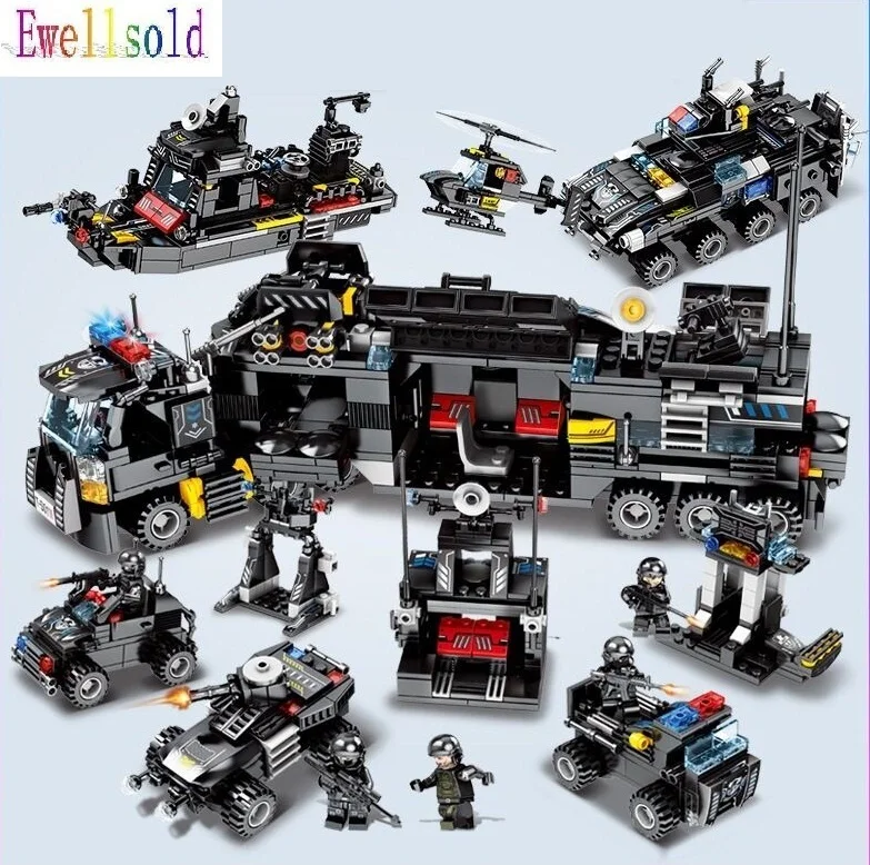 8 в 1 695 шт городской спецназ полицейский грузовик корабль модель техника строительные блоки наборы Playmobil DIY Кирпичи игрушки для детей - Цвет: Светло-серый