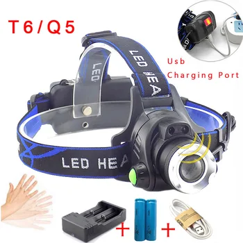 

Headlamp USB Sensor Led T6 Q5 Zoomable Headlight Rechargeable Waterproof Head Torch flashlight Head lamp Fishing Hunting Light