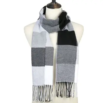 

195x33cm Women Men Winter Pashmina Shawl with Fringe Tassels Soft Knitted Warm Scarf Contrast Color Plaid Printed Neck Wraps