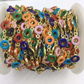 

5Meter Colorful Enamel Round Beaded Choker Copper Plated Gold Chains,Circle Lampwork Link Rosary Chain Necklace