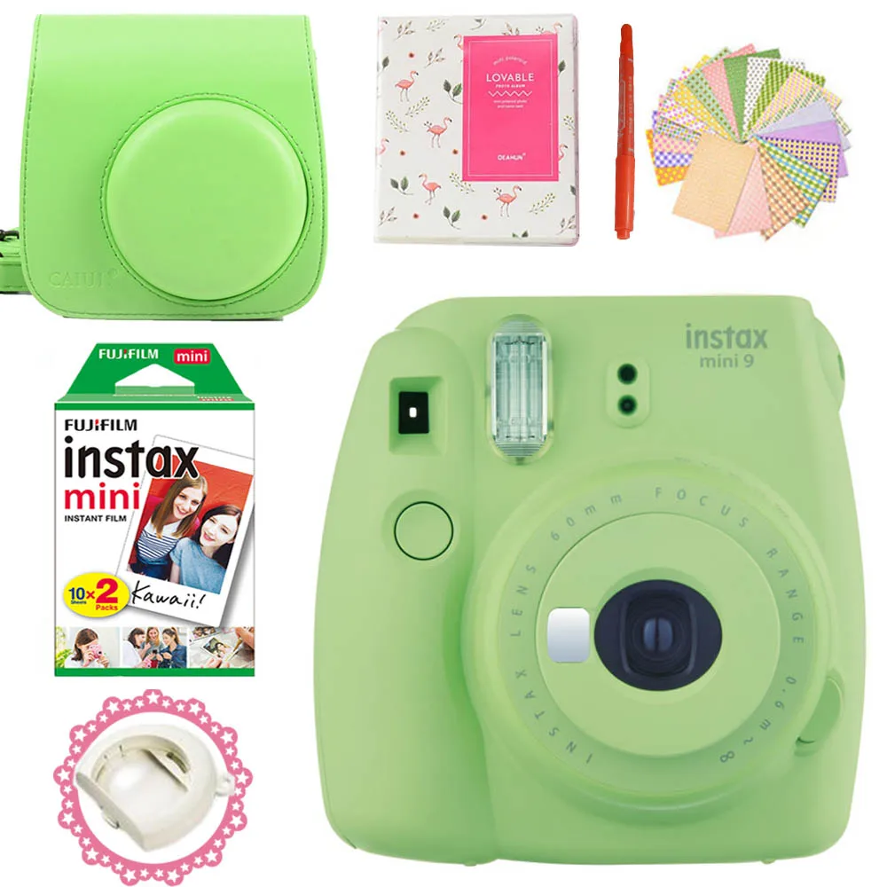 Lime Green Фотокамера моментальной печати Fujifilm Instax Mini 9+ 20 снимков Instax Mini 8 белых пленок фото+ чехол для переноски/альбом/ручка/наклейки - Цвет: Lime Green