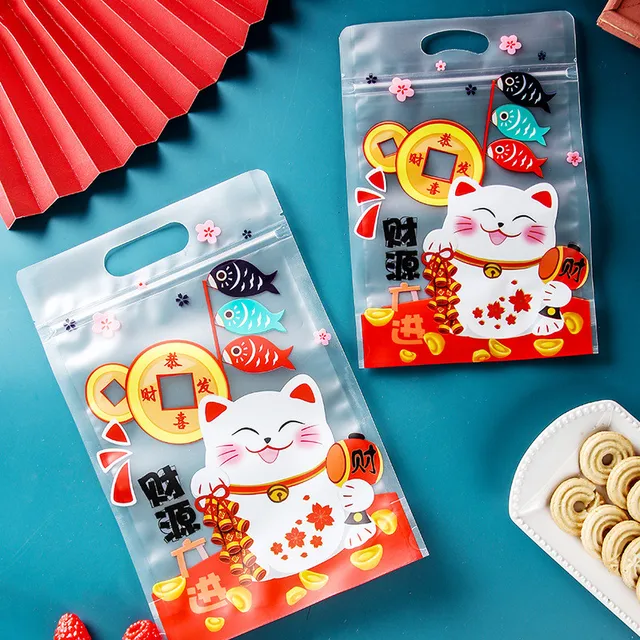 50Pcs Chinese New Year Lucky Cat Snow Crisp Nougat Self Zipper Bag Cookie Baking Snacks Packaging Matte