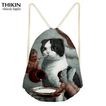 

Aulaygo Oil Paint Cat Pattern Drawstring Bags Women Beach Light Shoulder Bag Ladies Funny Cartoon Storage Package Custom Mochila