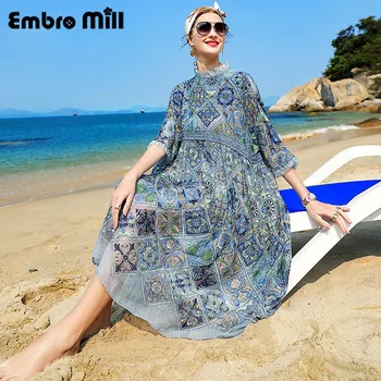 

High-End Embroidery Dress Women's New Summer lantern sleeves Loose Waist Fashion Vacation Beach Dress S-XL