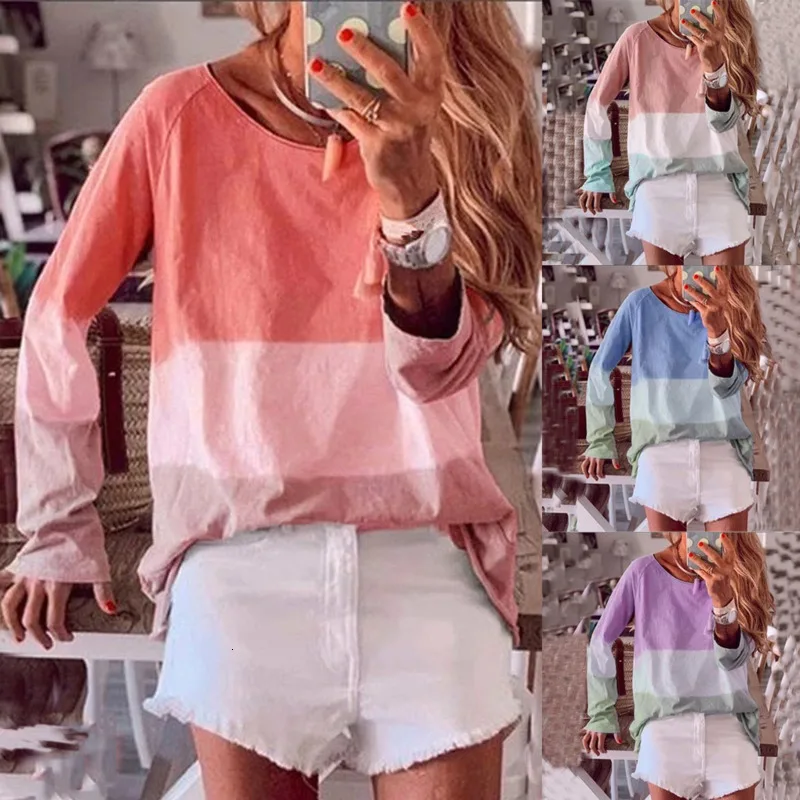 Весенняя одежда Женская мода 5XL размера плюс с длинным рукавом рубашка Женская градиентная круглая шея свободная Корейская футболка
