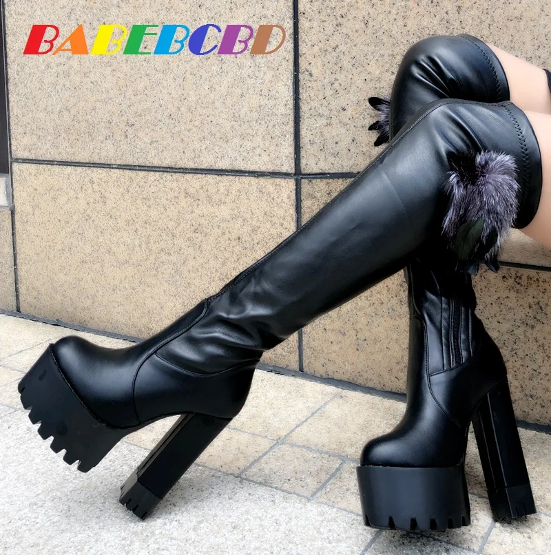 

Autumn/winter 2020 new style dance catwalk with thick heels 15cm super high heels club boots with velvet knee high boots women